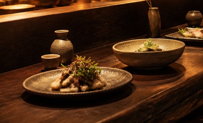 炭火で焼いた肉に香草をのせた一皿